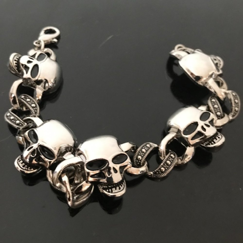Skull Bracelet Chain Biker Silver Rock Mans Moto Gothic Motorcycle Skulls Unisex - Picture 1 of 10